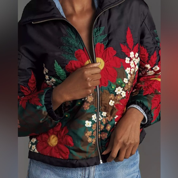 Anthropologie Floral Embroidered Zip Up Bomber Jacket Size Small - Picture 3 of 10